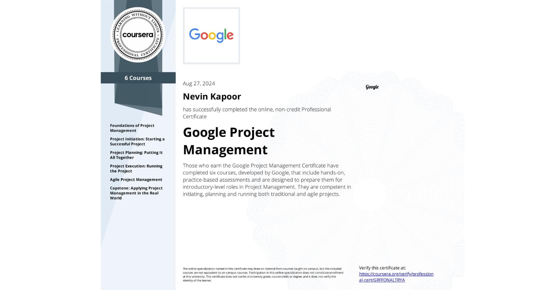 Google Project Management Professional Certificate